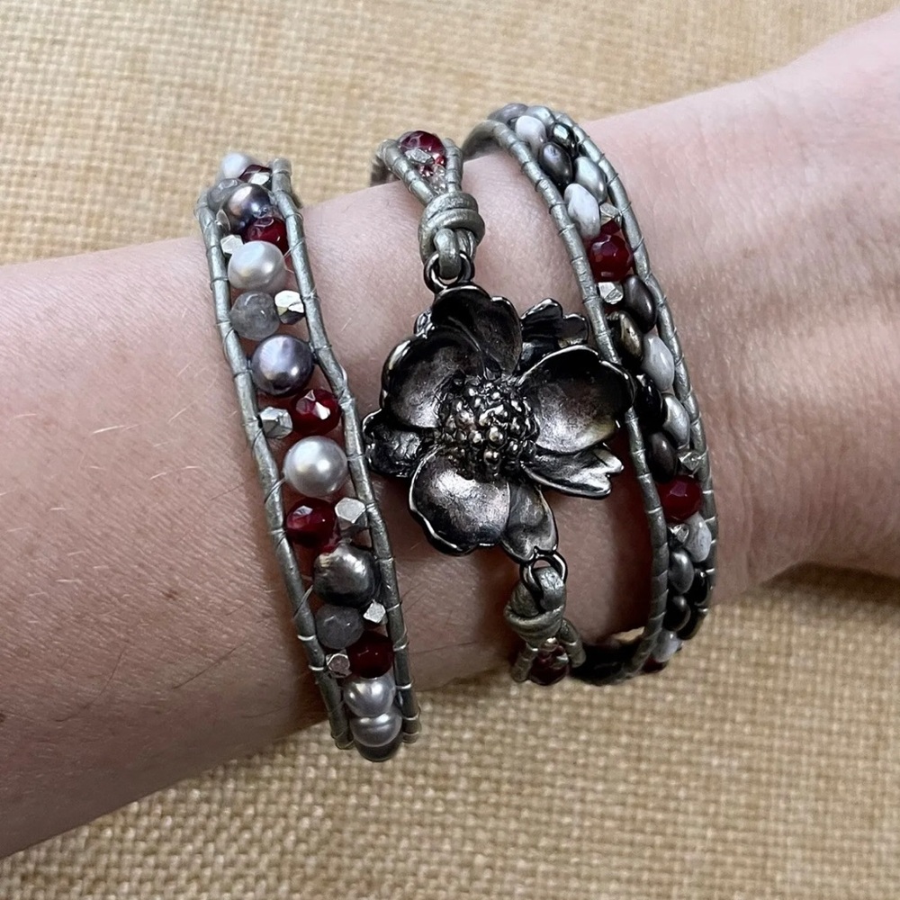 Stone Leather Wrap Bracelet Flower Agate Quartz Beaded Cuff Bracelet